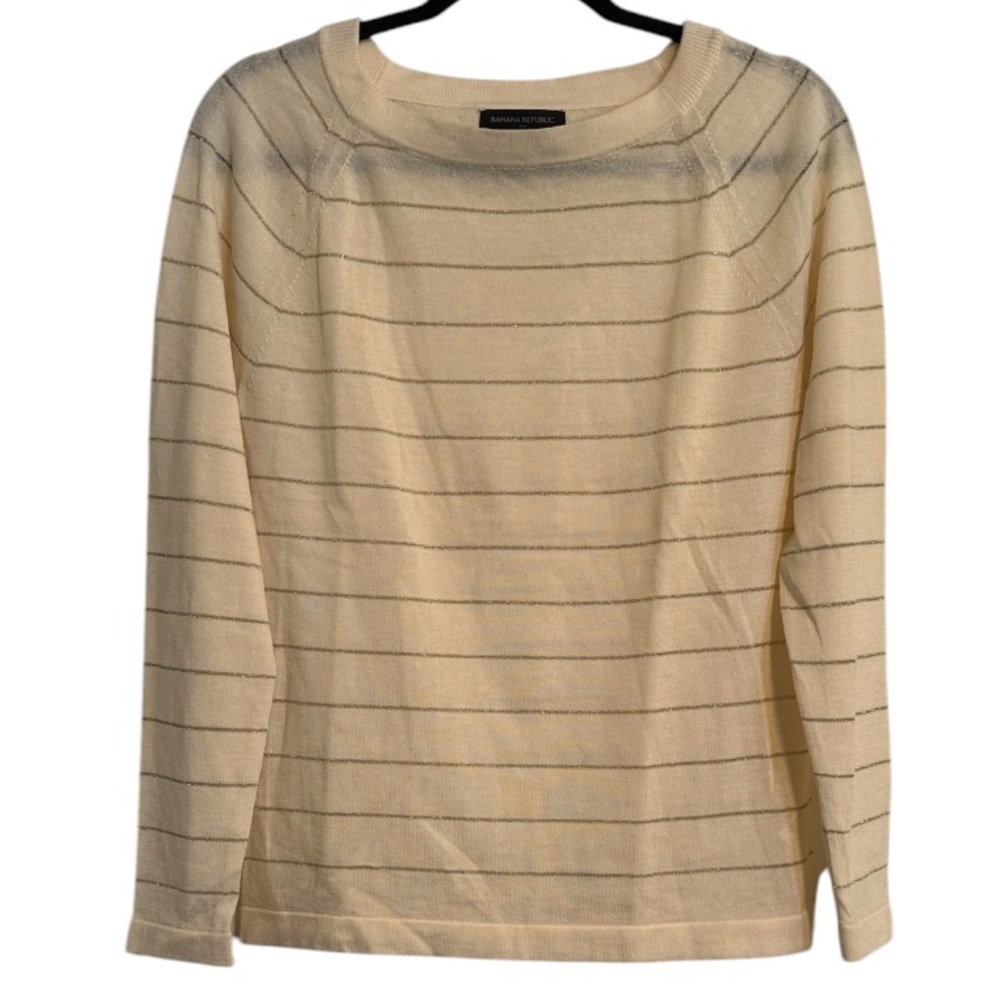 ☀️ Banana Republic Merino Wool Blend Cream and Gold Striped Lightweight Sweater
